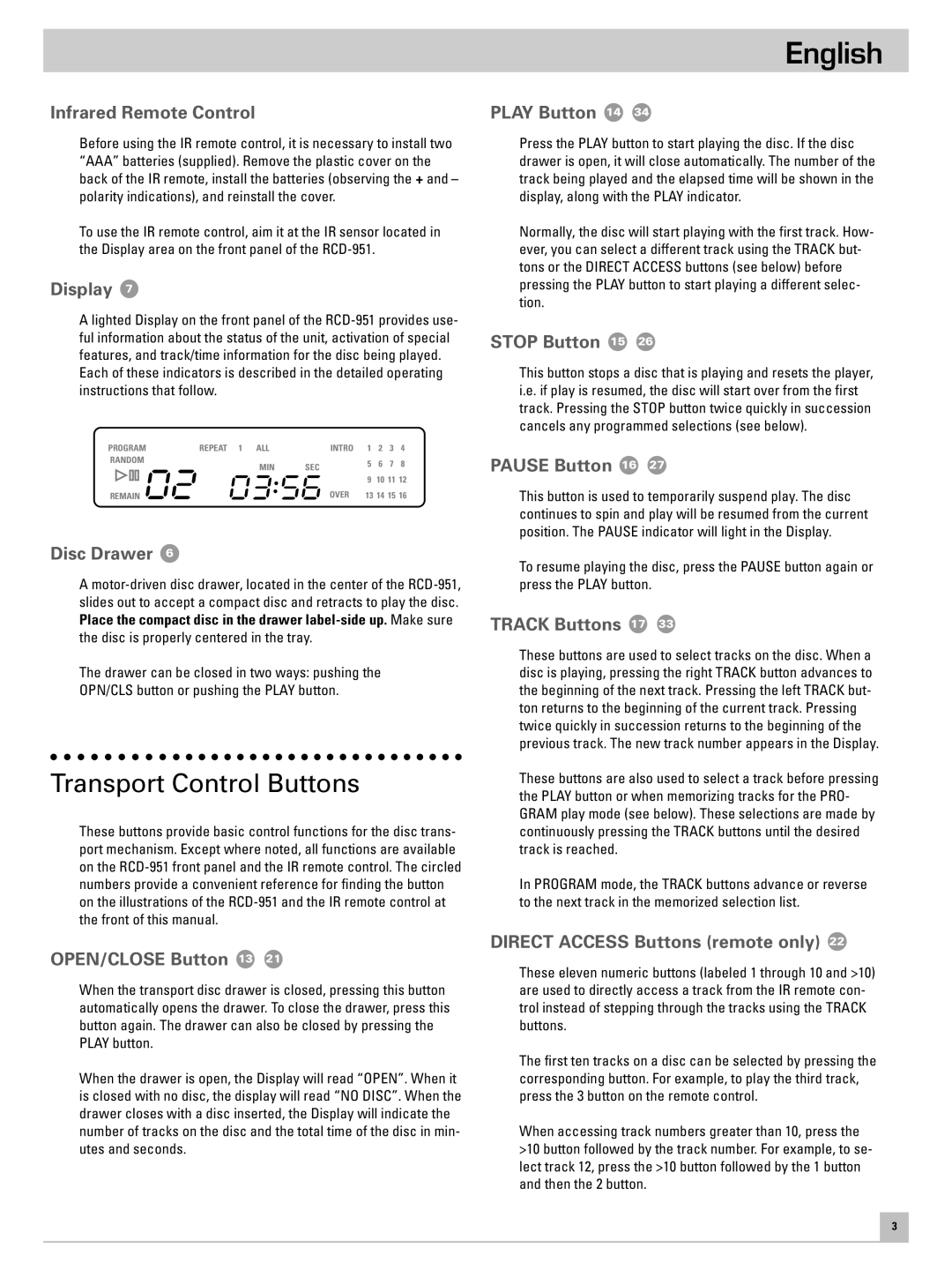 Rotel RCD-951 owner manual Transport Control Buttons 