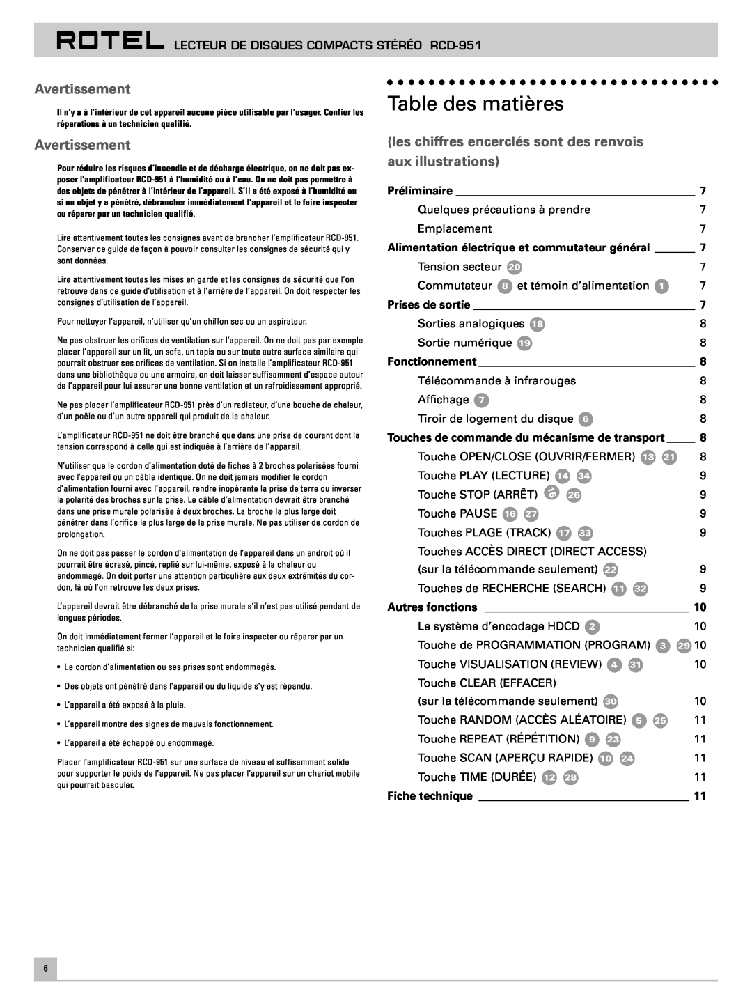 Rotel RCD-951 owner manual Table des matières, Avertissement 