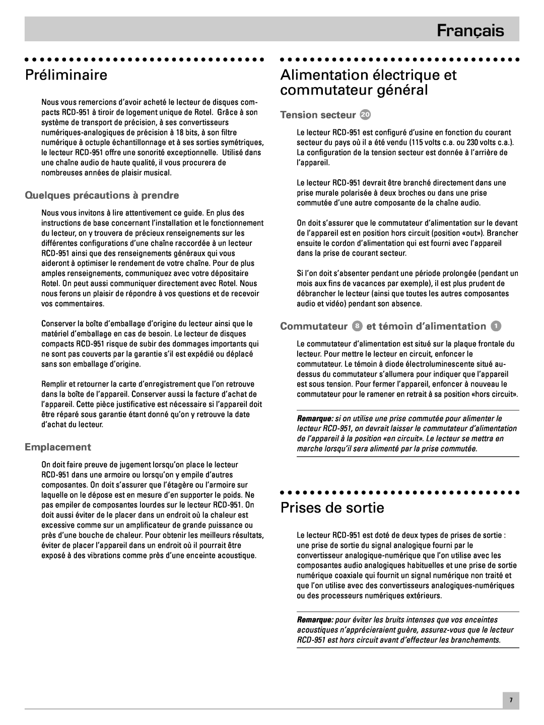 Rotel RCD-951 Français, Préliminaire, Alimentation électrique et commutateur général, Prises de sortie, Emplacement 