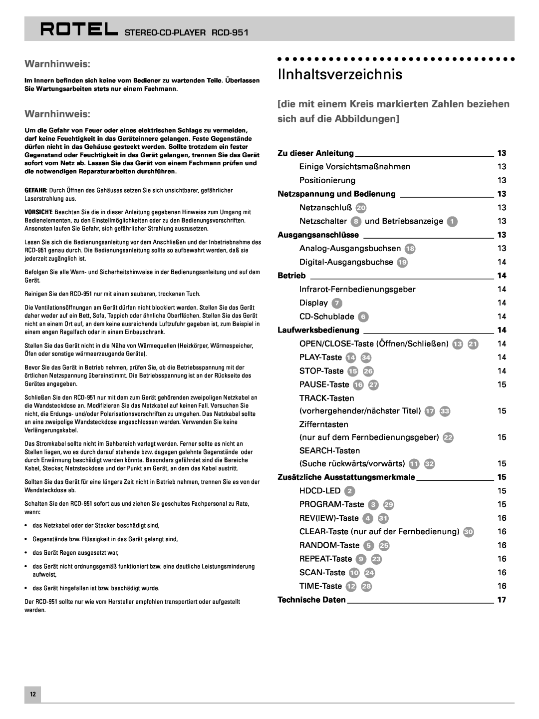Rotel RCD-951 IInhaltsverzeichnis, Warnhinweis, die mit einem Kreis markierten Zahlen beziehen, sich auf die Abbildungen 