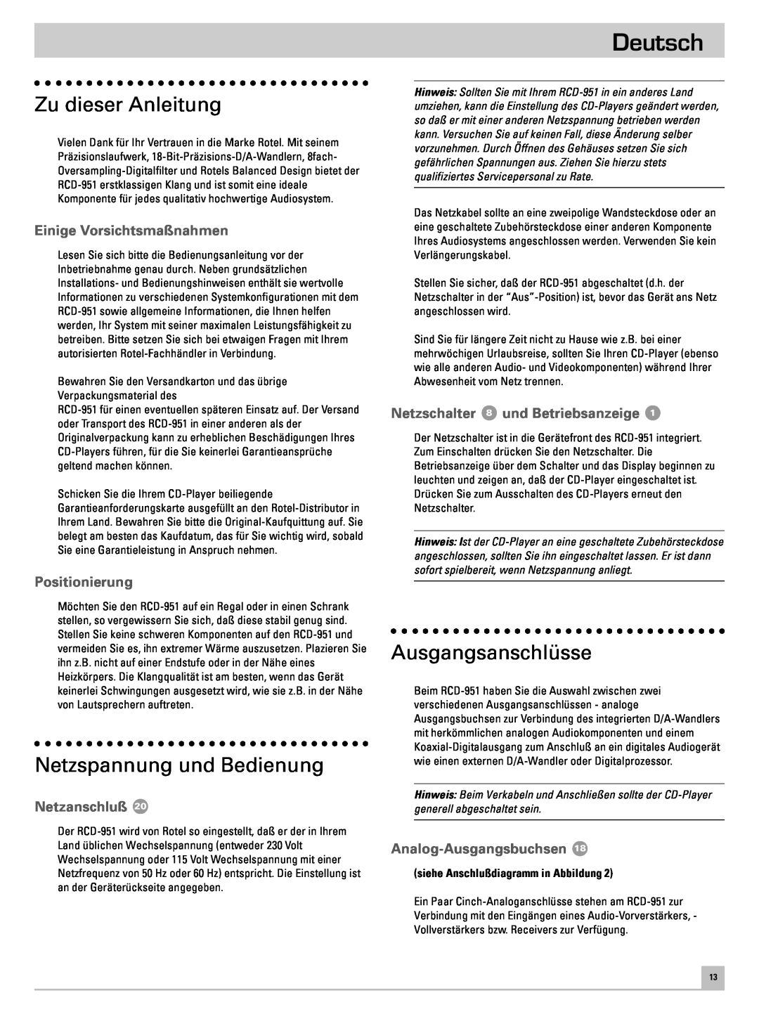 Rotel RCD-951 Deutsch, Zu dieser Anleitung, Netzspannung und Bedienung, Ausgangsanschlüsse, Einige Vorsichtsmaßnahmen 