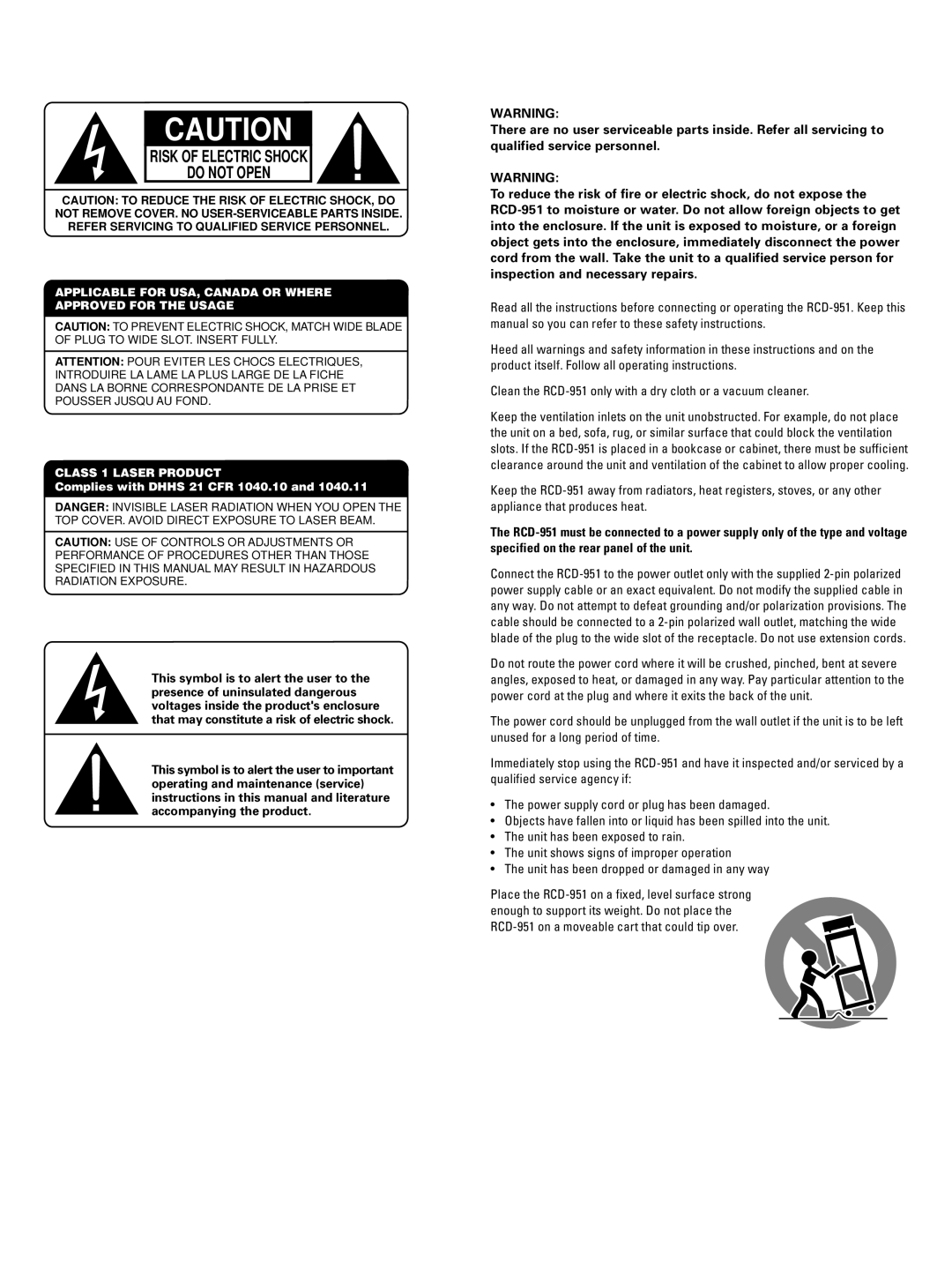 Rotel RCD-951 owner manual Risk Of Electric Shock Do Not Open 