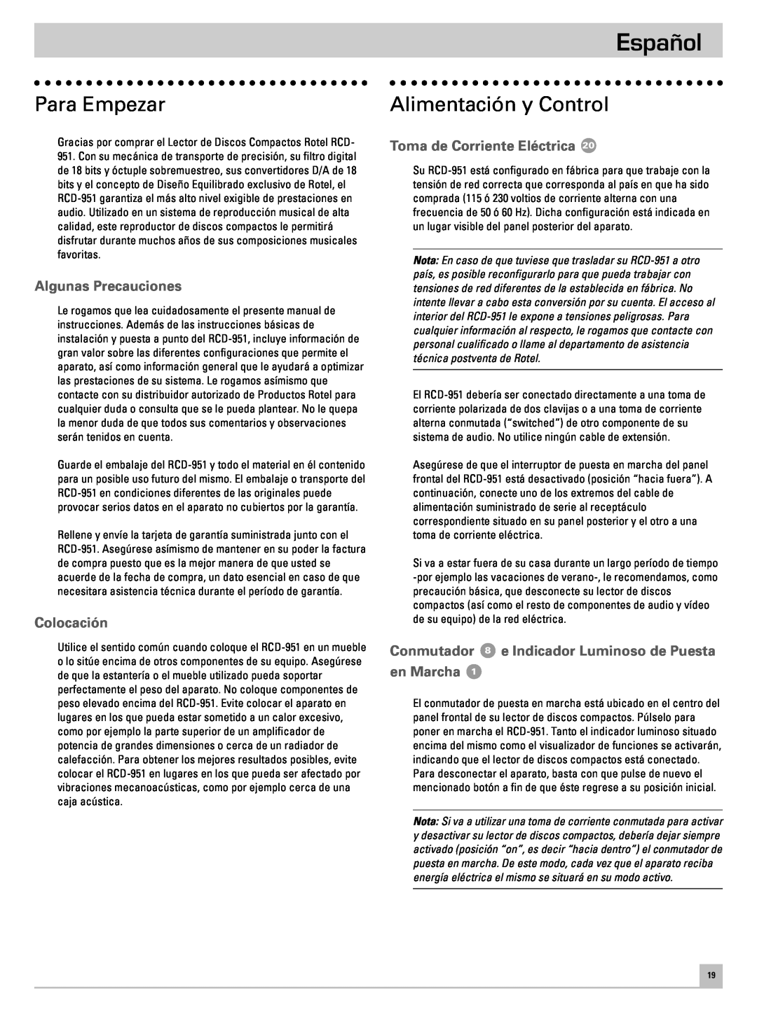 Rotel RCD-951 Español, Para Empezar, Alimentación y Control, Algunas Precauciones, Colocación, Toma de Corriente Eléctrica 
