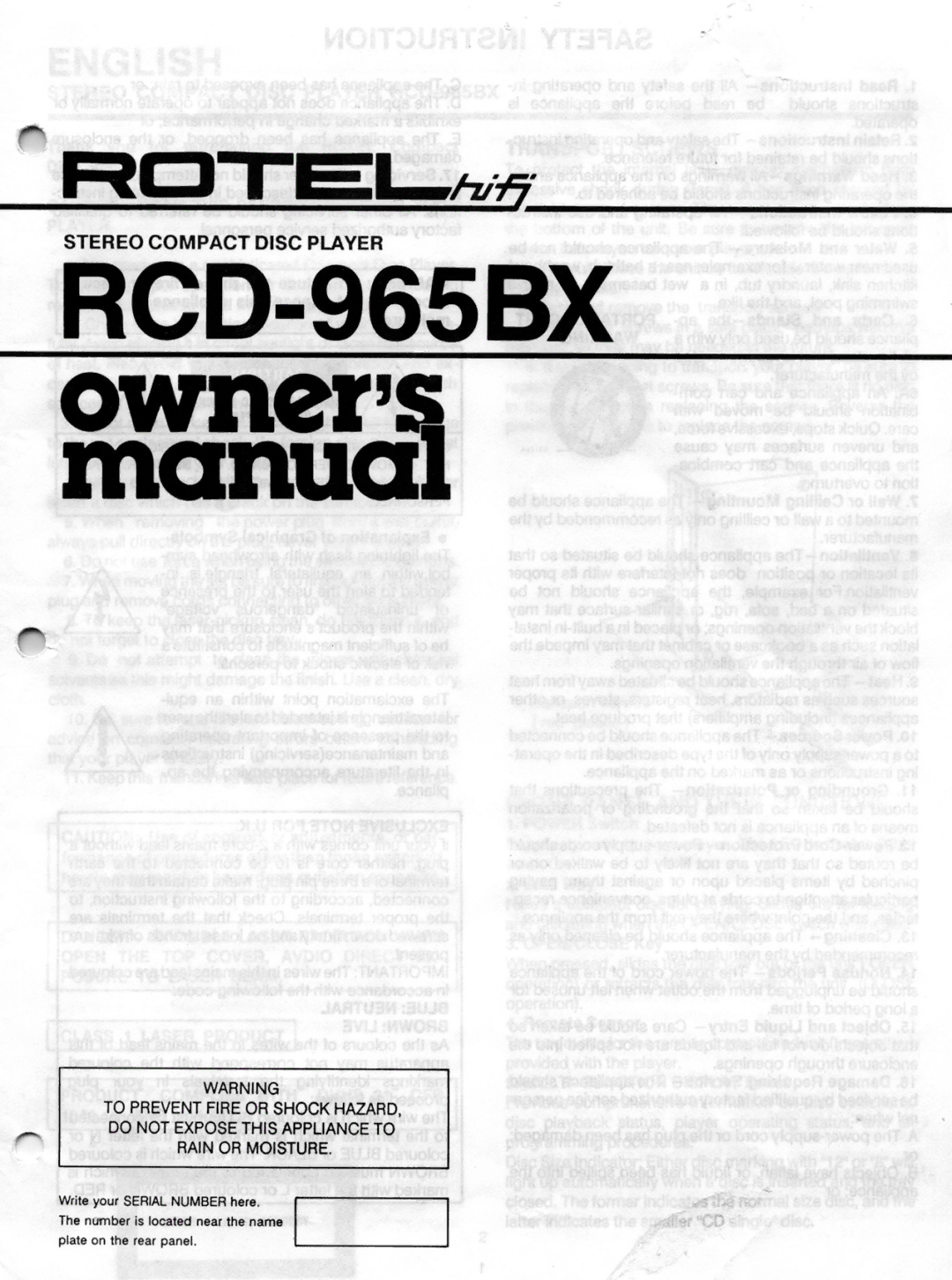 Rotel RCD-965BX manual 