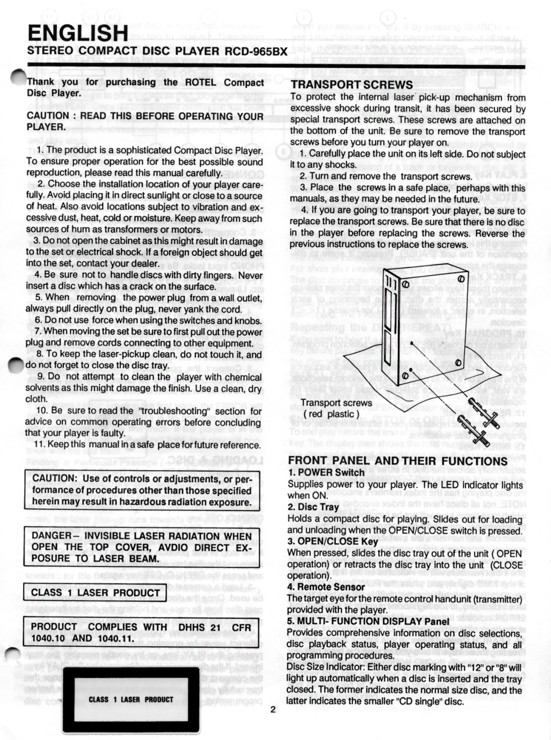 Rotel RCD-965BX manual 