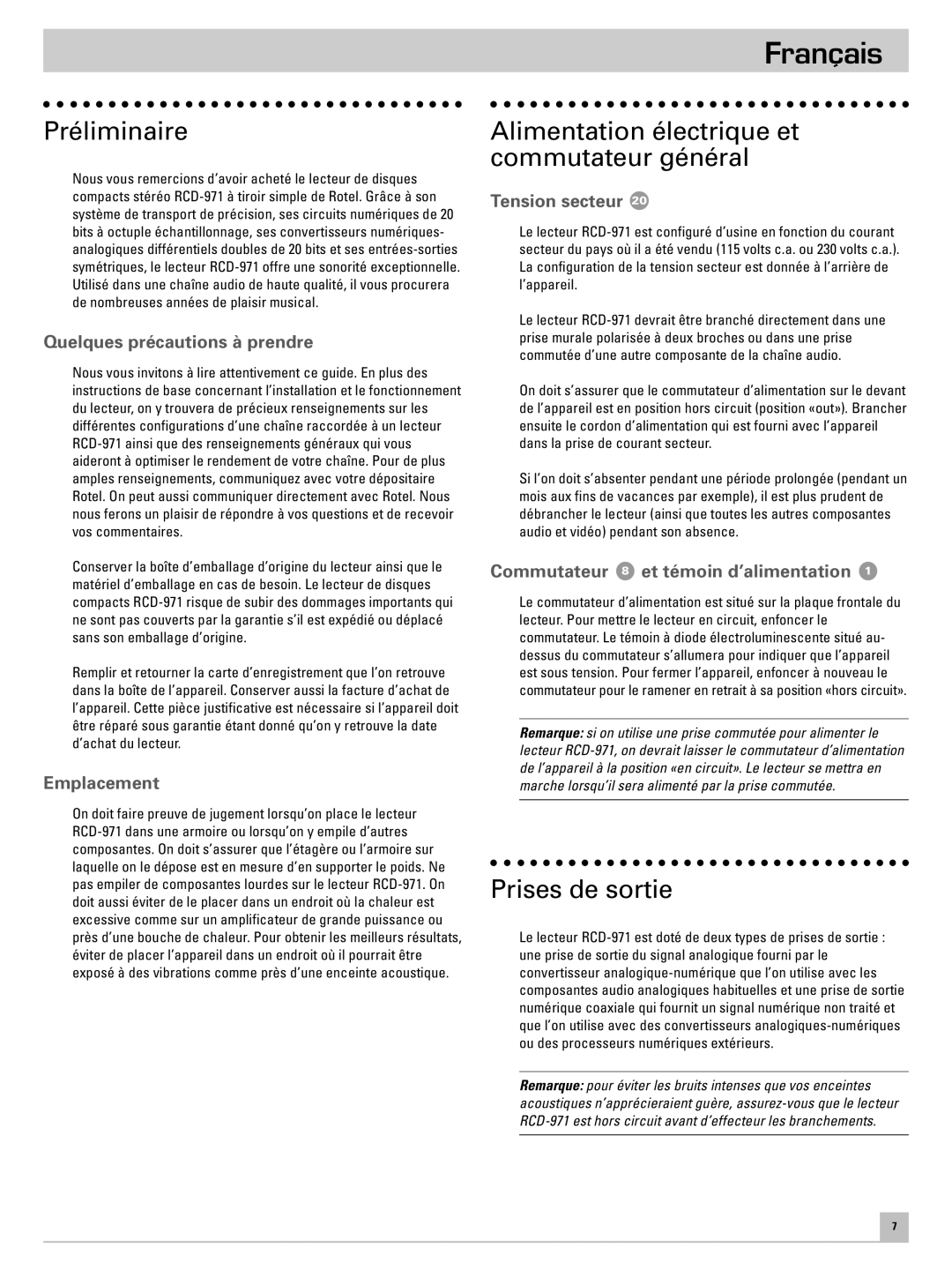 Rotel RCD-971 owner manual Français, Préliminaire, Alimentation électrique et commutateur général, Prises de sortie 