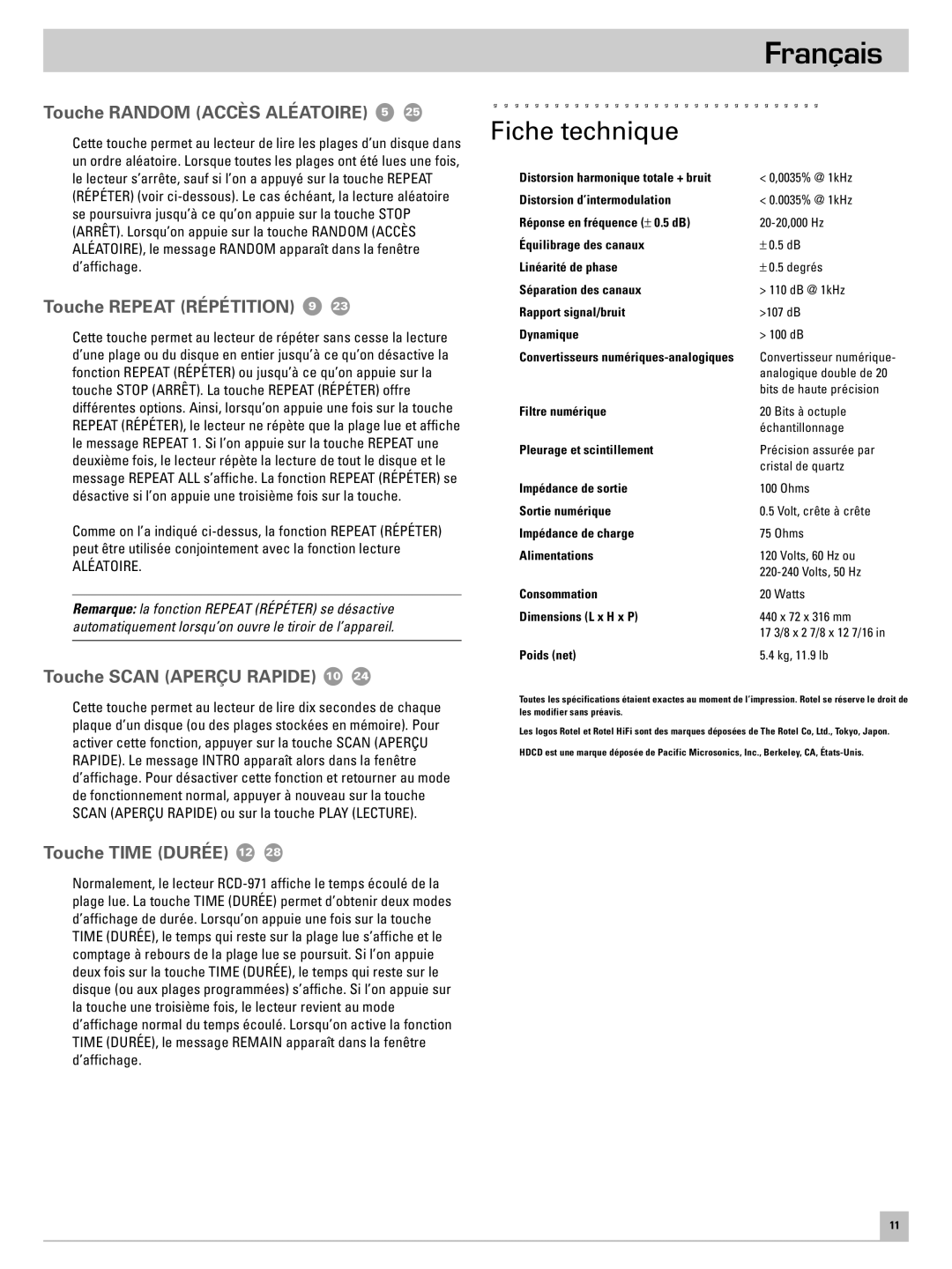 Rotel RCD-971 Fiche technique, Touche Random Accès Aléatoire 5, Touche Repeat Répétition 9, Touche Scan Aperçu Rapide 10 