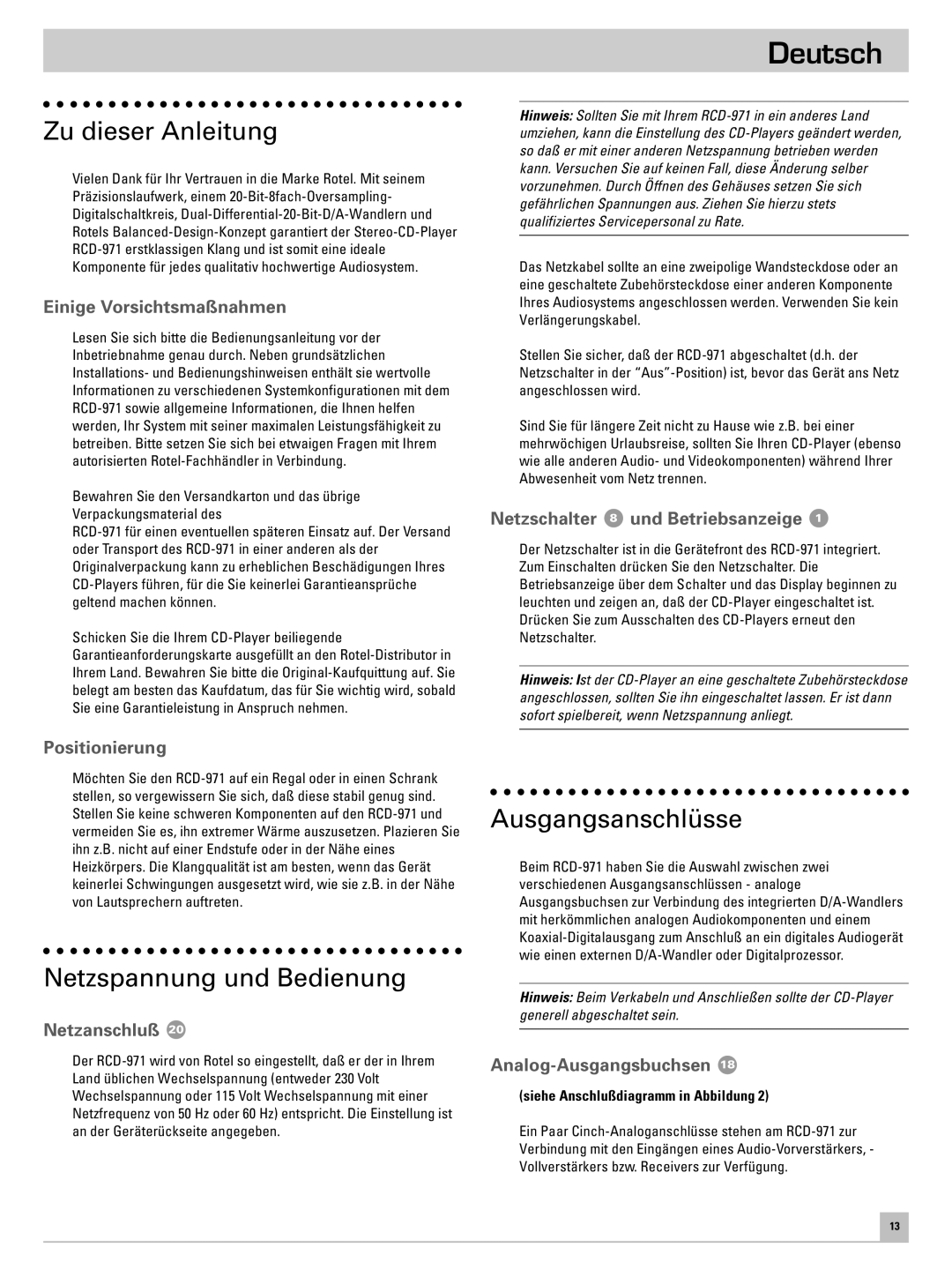 Rotel RCD-971 owner manual Deutsch, Zu dieser Anleitung, Netzspannung und Bedienung, Ausgangsanschlüsse 