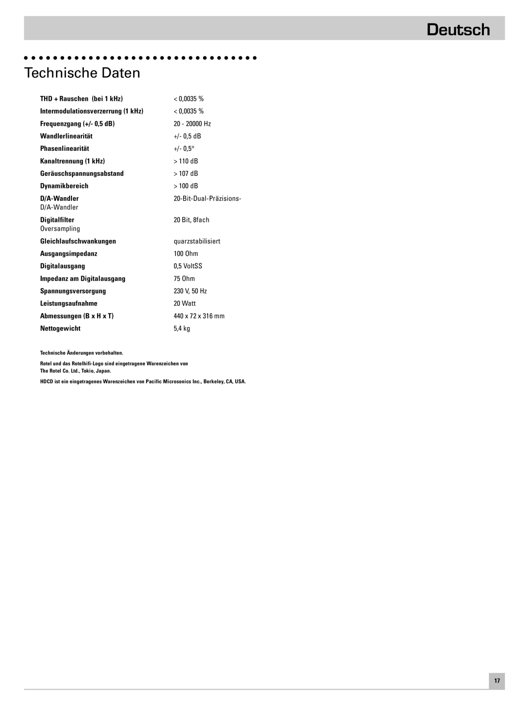 Rotel RCD-971 owner manual Technische Daten, Nettogewicht 