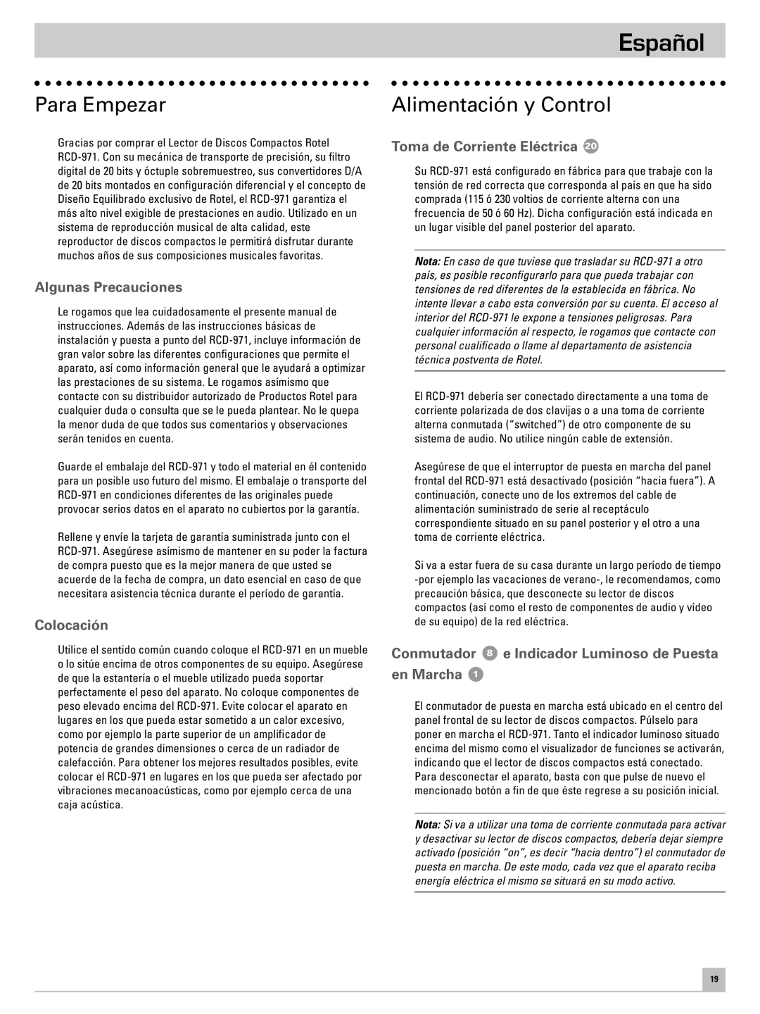 Rotel RCD-971 owner manual Español, Para Empezar, Alimentación y Control 