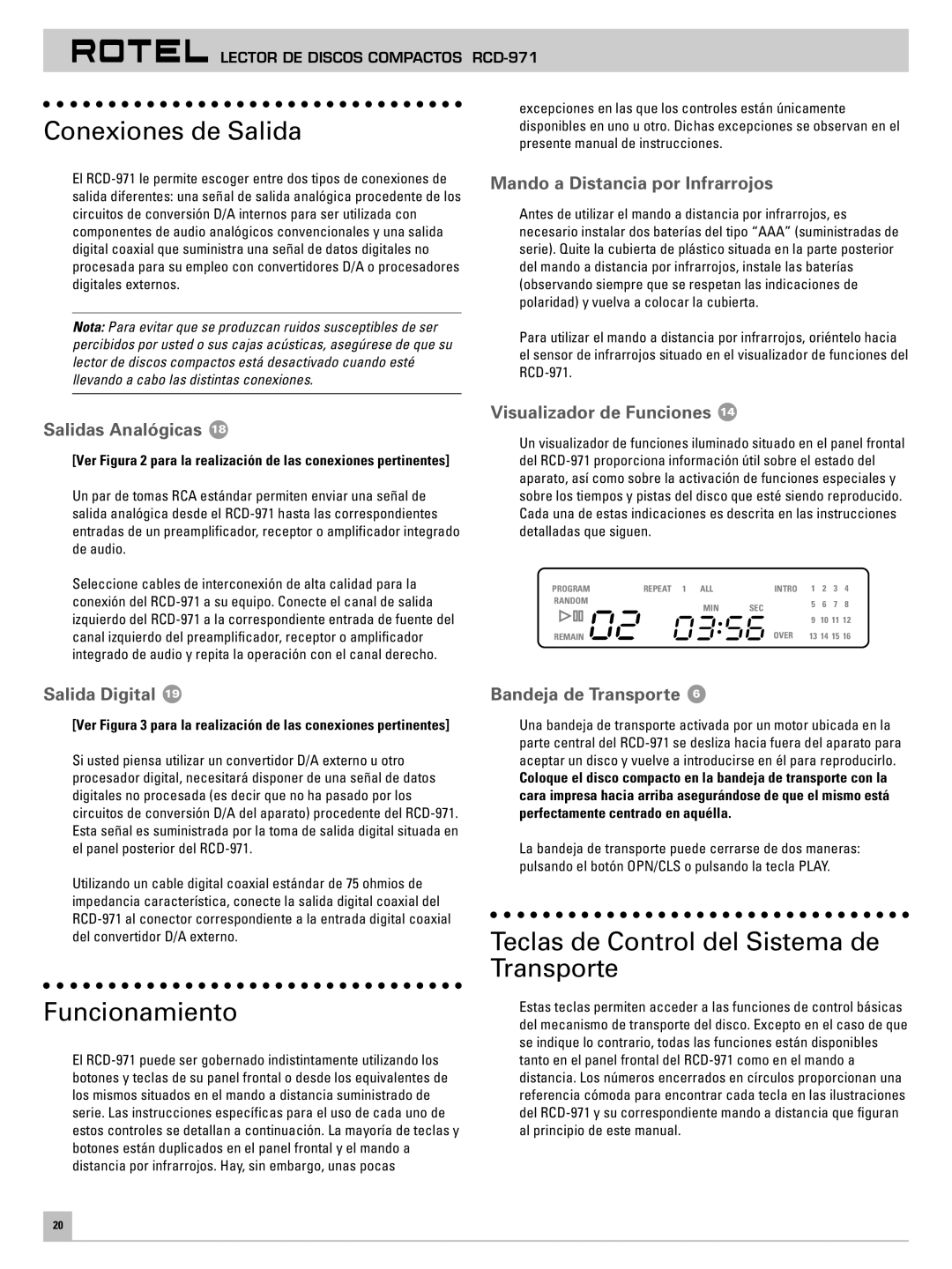 Rotel RCD-971 owner manual Conexiones de Salida, Funcionamiento, Teclas de Control del Sistema de Transporte 