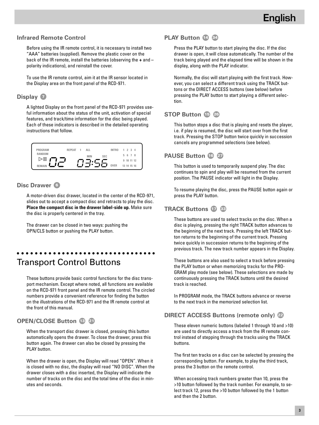 Rotel RCD-971 owner manual Transport Control Buttons 