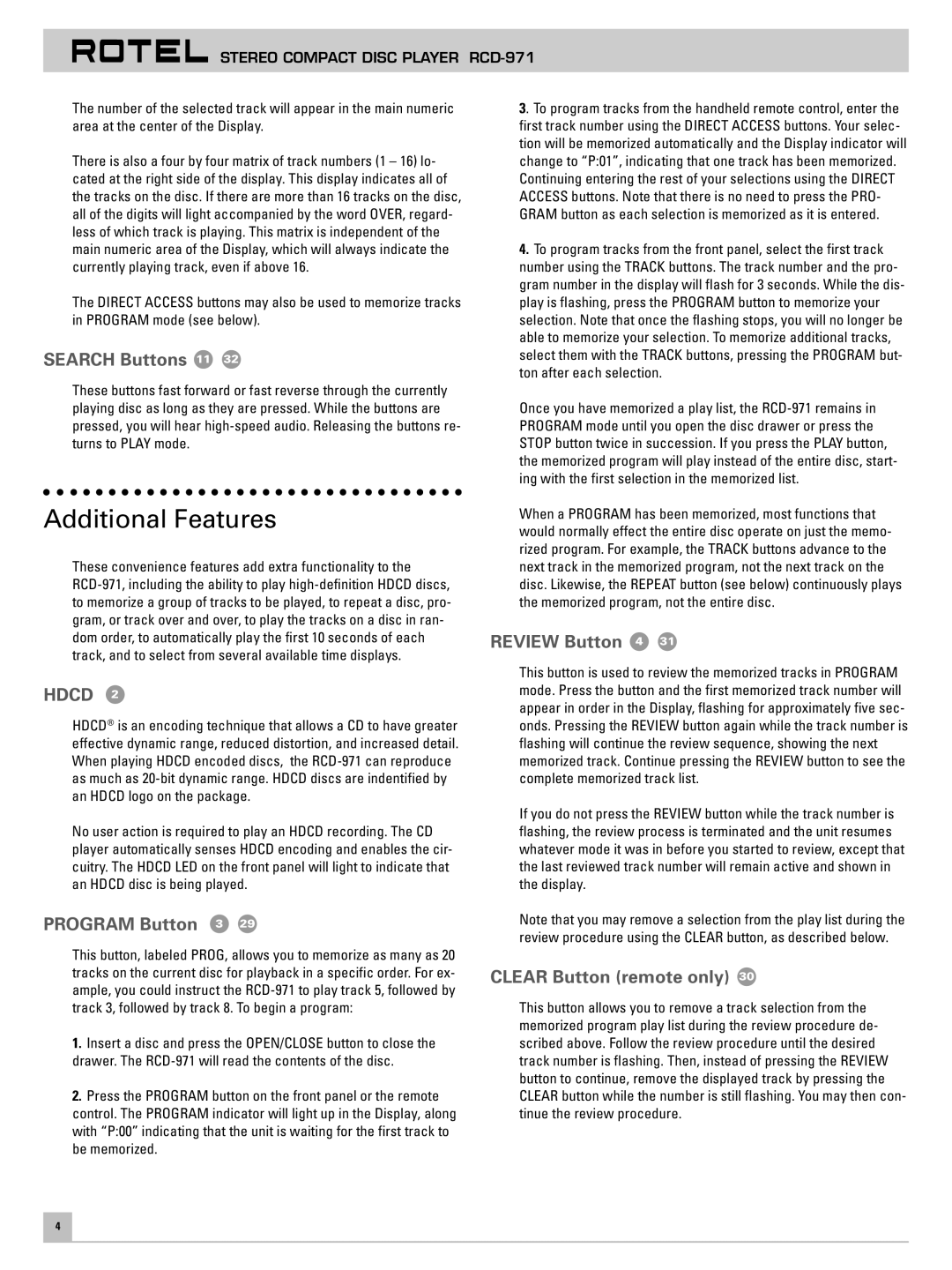 Rotel RCD-971 Additional Features, Search Buttons 11, Program Button 3, Review Button 4, Clear Button remote only 
