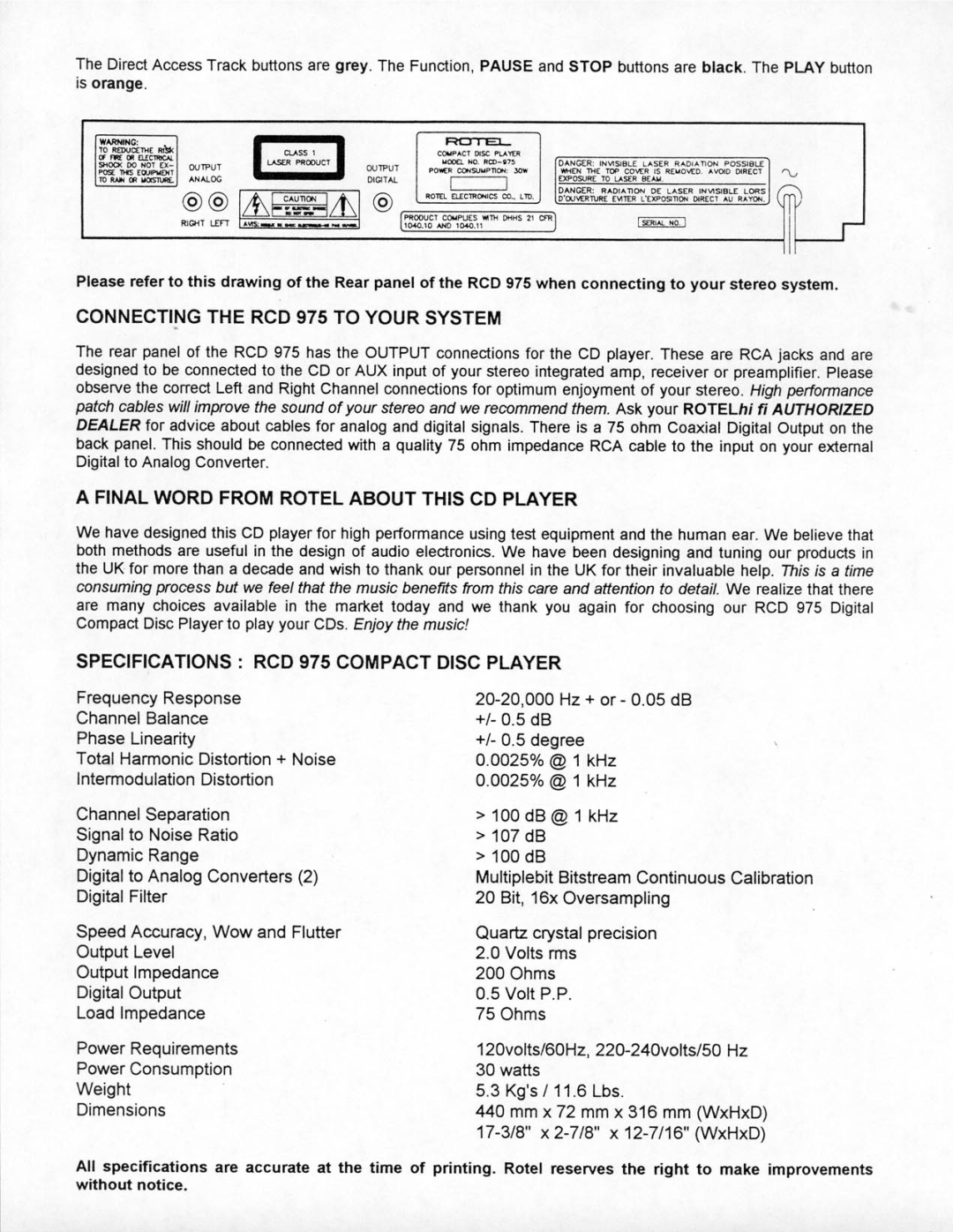 Rotel RCD 975 manual 