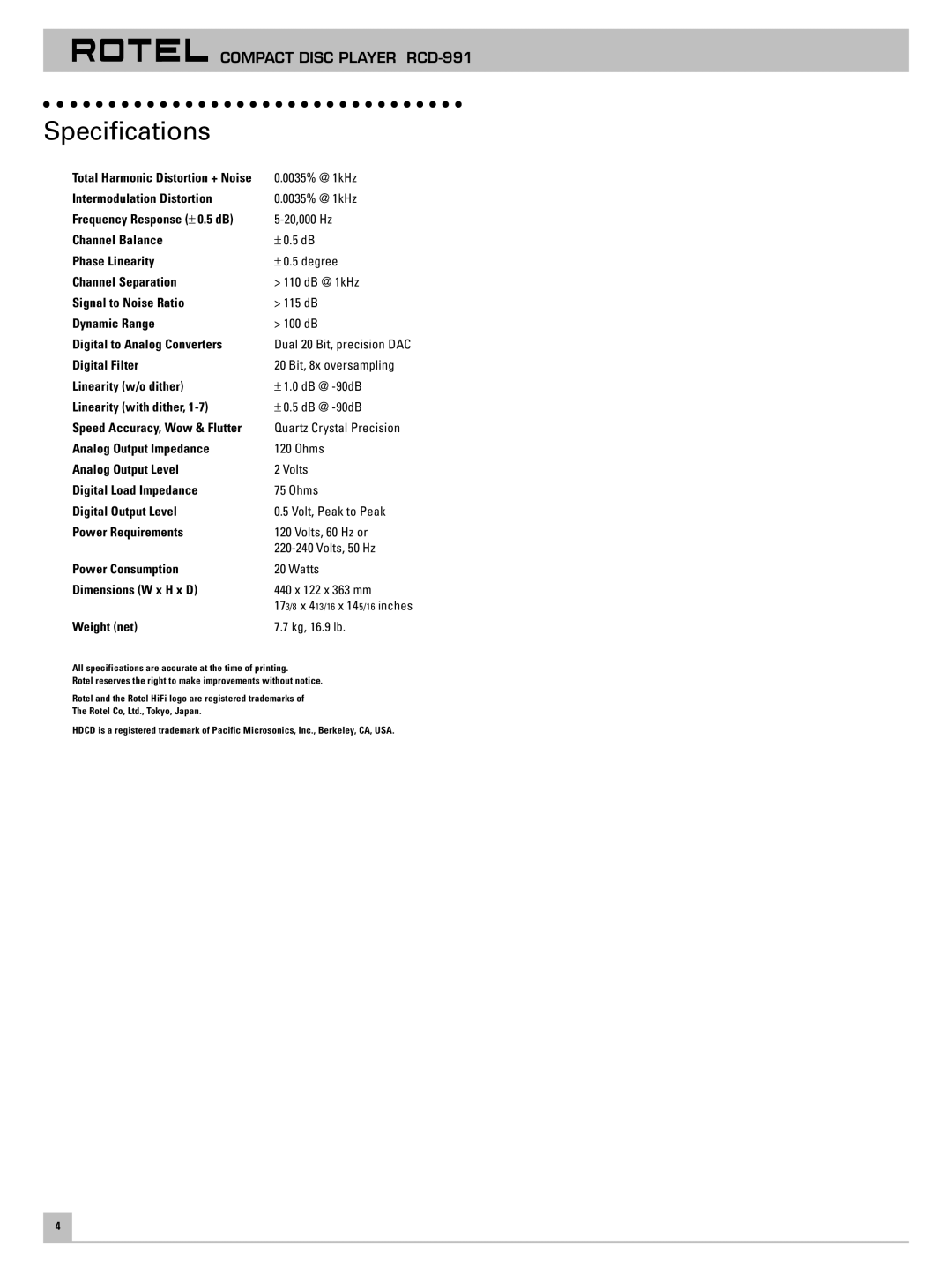 Rotel RCD-991 owner manual Specifications, Weight net 