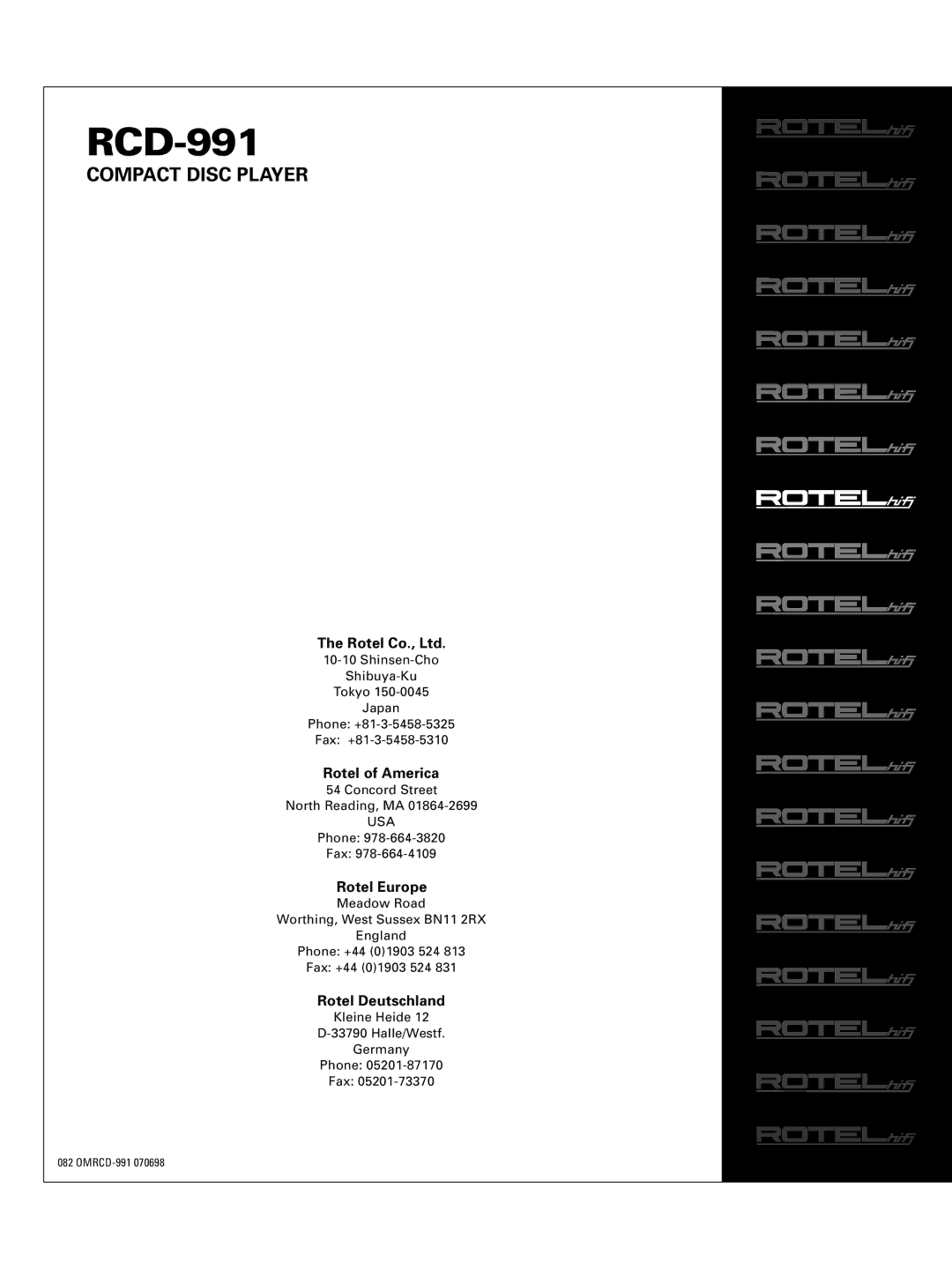 Rotel RCD-991 owner manual Rotel of America, Rotel Europe, Rotel Deutschland 