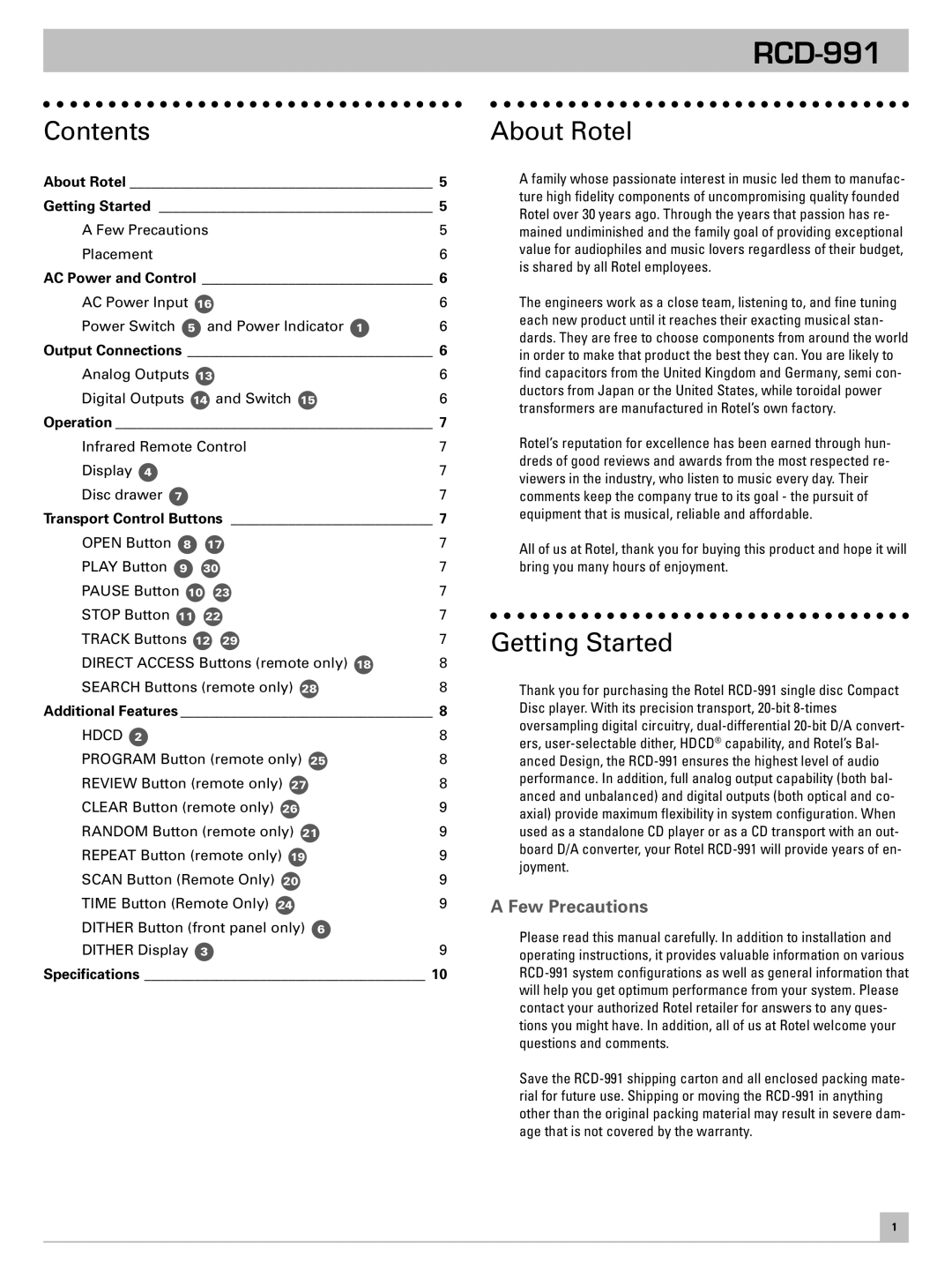 Rotel RCD-991 owner manual Contents, About Rotel, Getting Started 