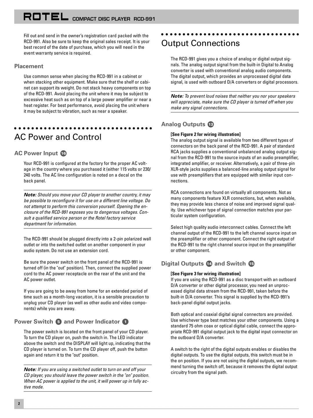 Rotel RCD-991 owner manual Output Connections, AC Power and Control 