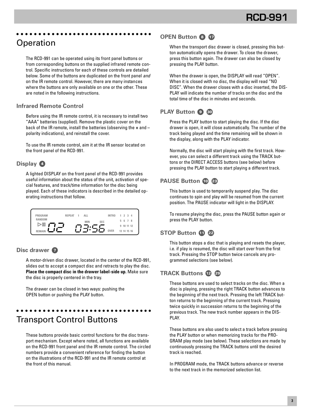 Rotel RCD-991 owner manual Operation, Transport Control Buttons 