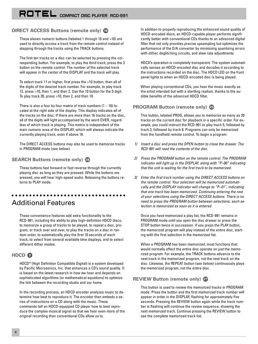 Rotel RCD-991 owner manual Additional Features, Direct Access Buttons remote only, Search Buttons remote only 