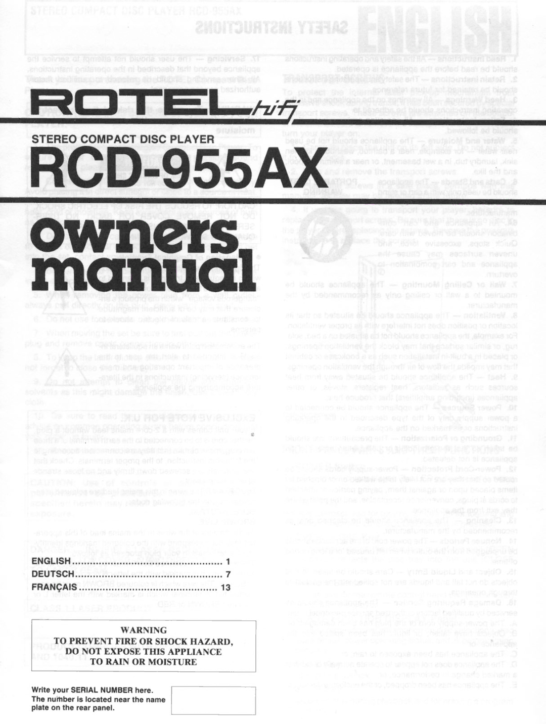 Rotel RCD955AX manual 