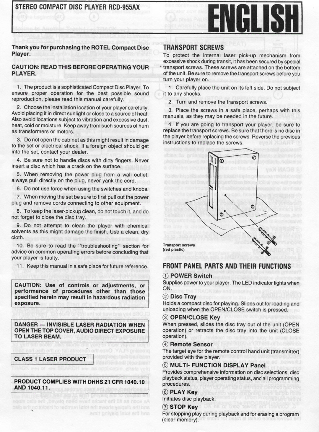 Rotel RCD955AX manual 