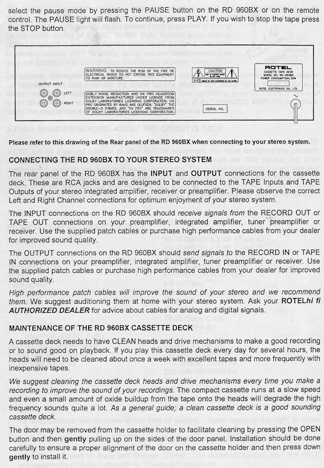 Rotel RD960BX manual 