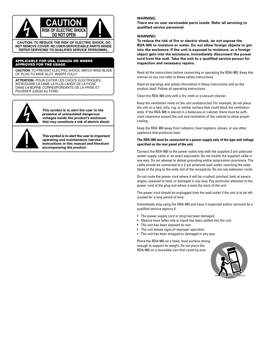 Rotel RDA-985 owner manual Risk of Electric Shock Do not Open 