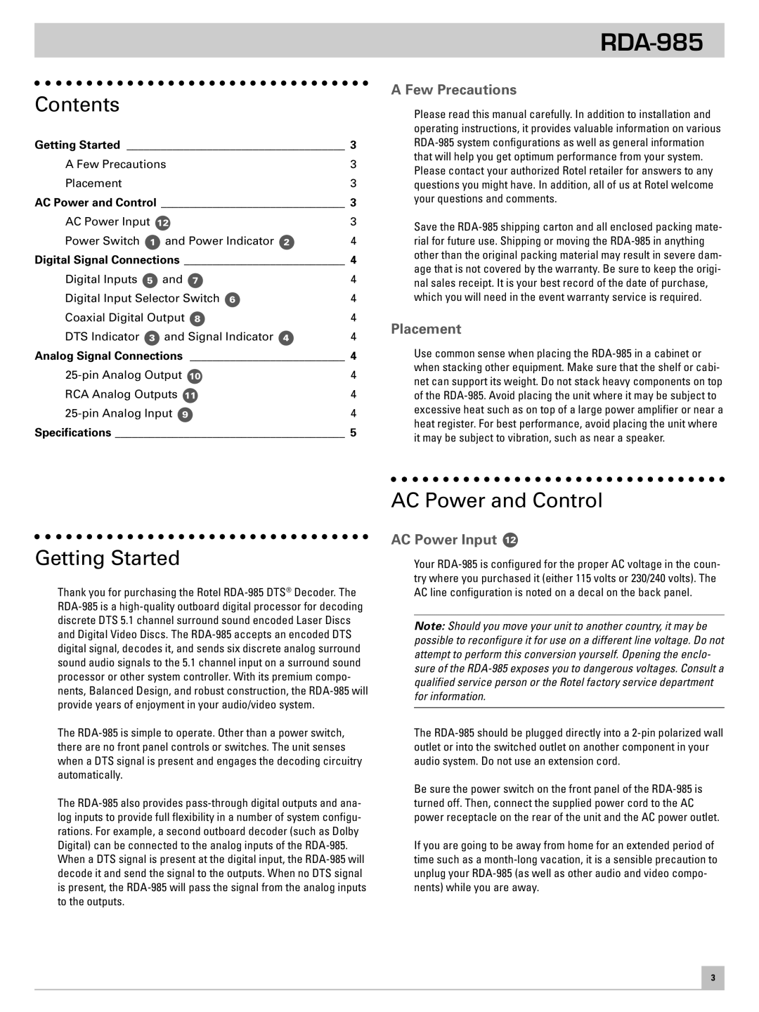 Rotel RDA-985 owner manual Contents, Getting Started, AC Power and Control 