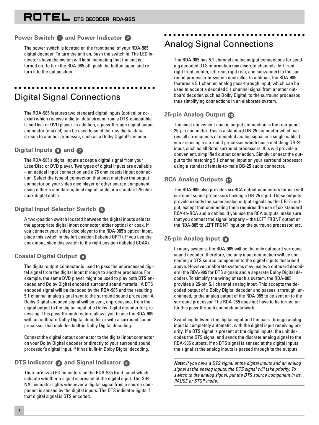 Rotel RDA-985 owner manual Digital Signal Connections, Analog Signal Connections 