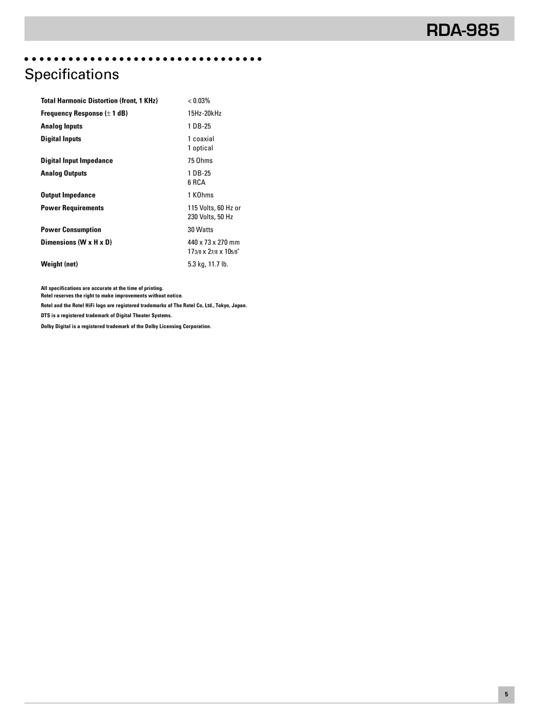 Rotel RDA-985 owner manual Specifications, Weight net 