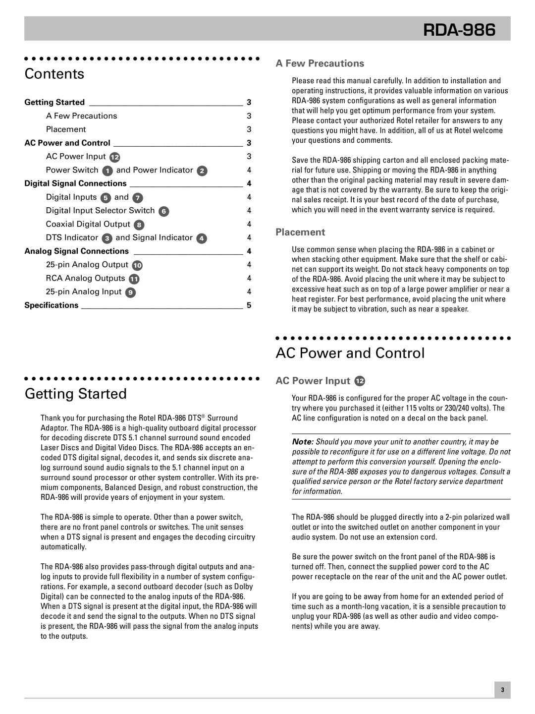 Rotel RDA-986 owner manual Contents, Getting Started, AC Power and Control 