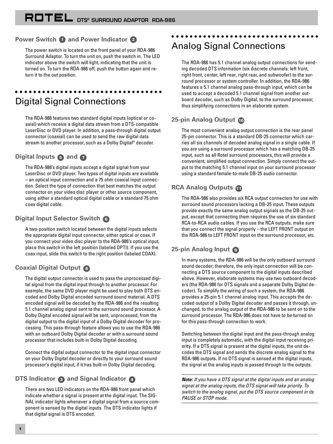 Rotel RDA-986 owner manual Digital Signal Connections, Analog Signal Connections 