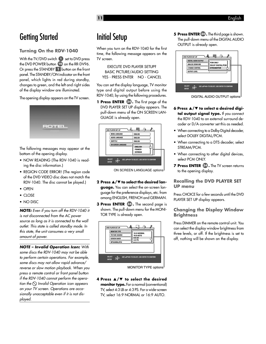 Rotel owner manual Getting Started, Initial Setup, Turning On the RDV-1040, Recalling the DVD Player SET UP menu 