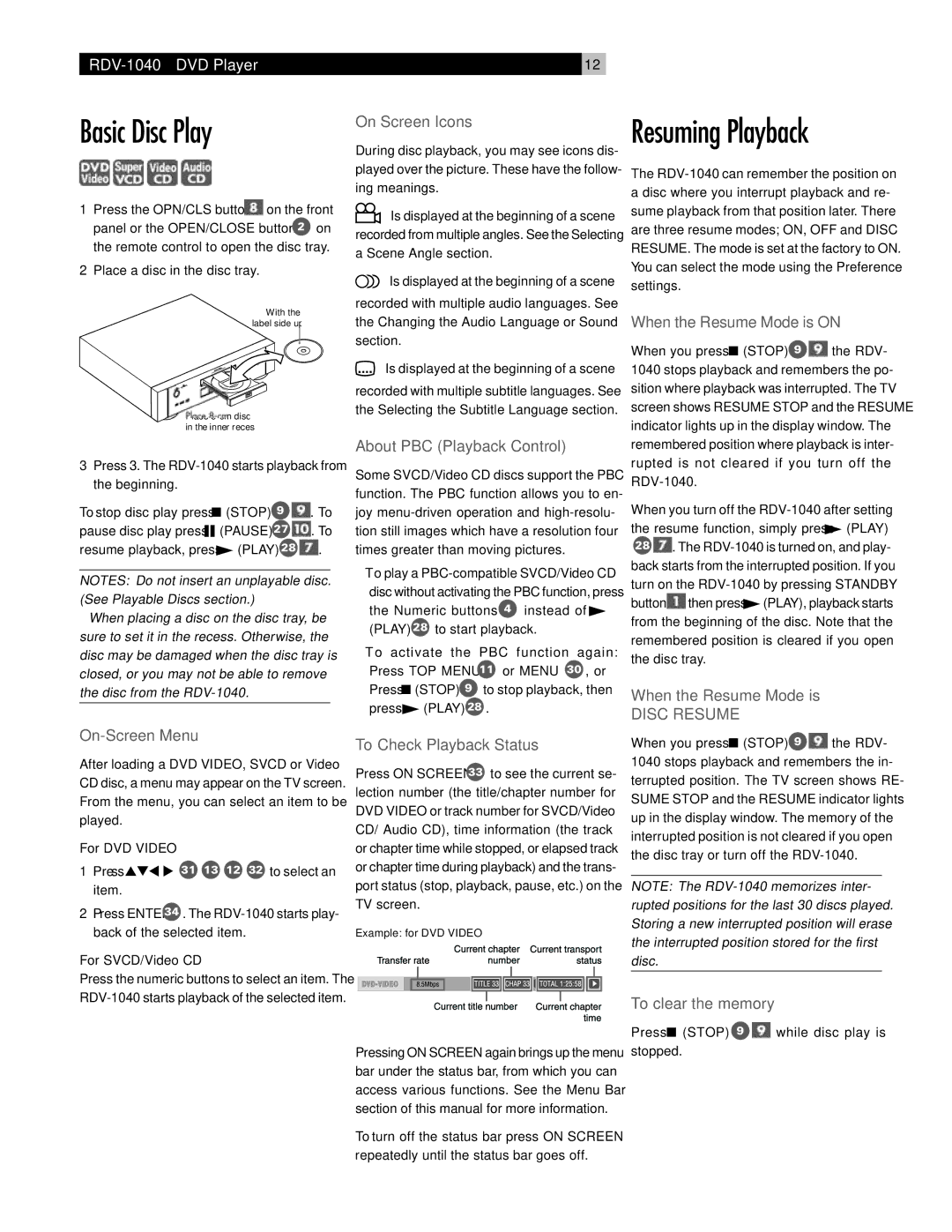 Rotel RDV-1040 owner manual Basic Disc Play, Resuming Playback 