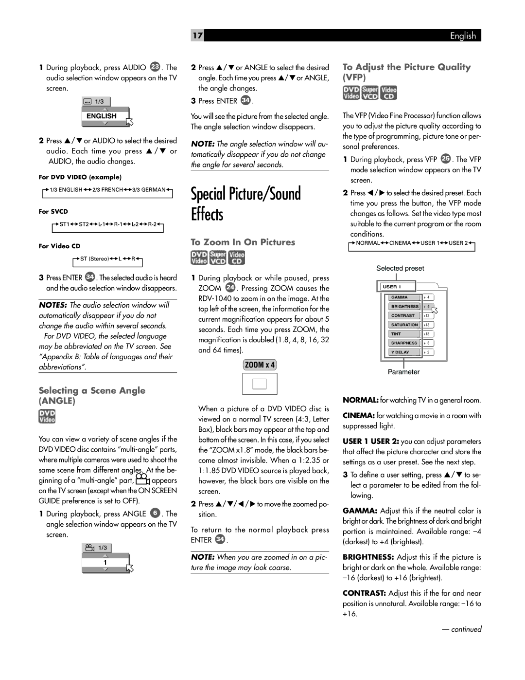 Rotel RDV-1040 owner manual Selecting a Scene Angle Angle, To Zoom In On Pictures, To Adjust the Picture Quality VFP 