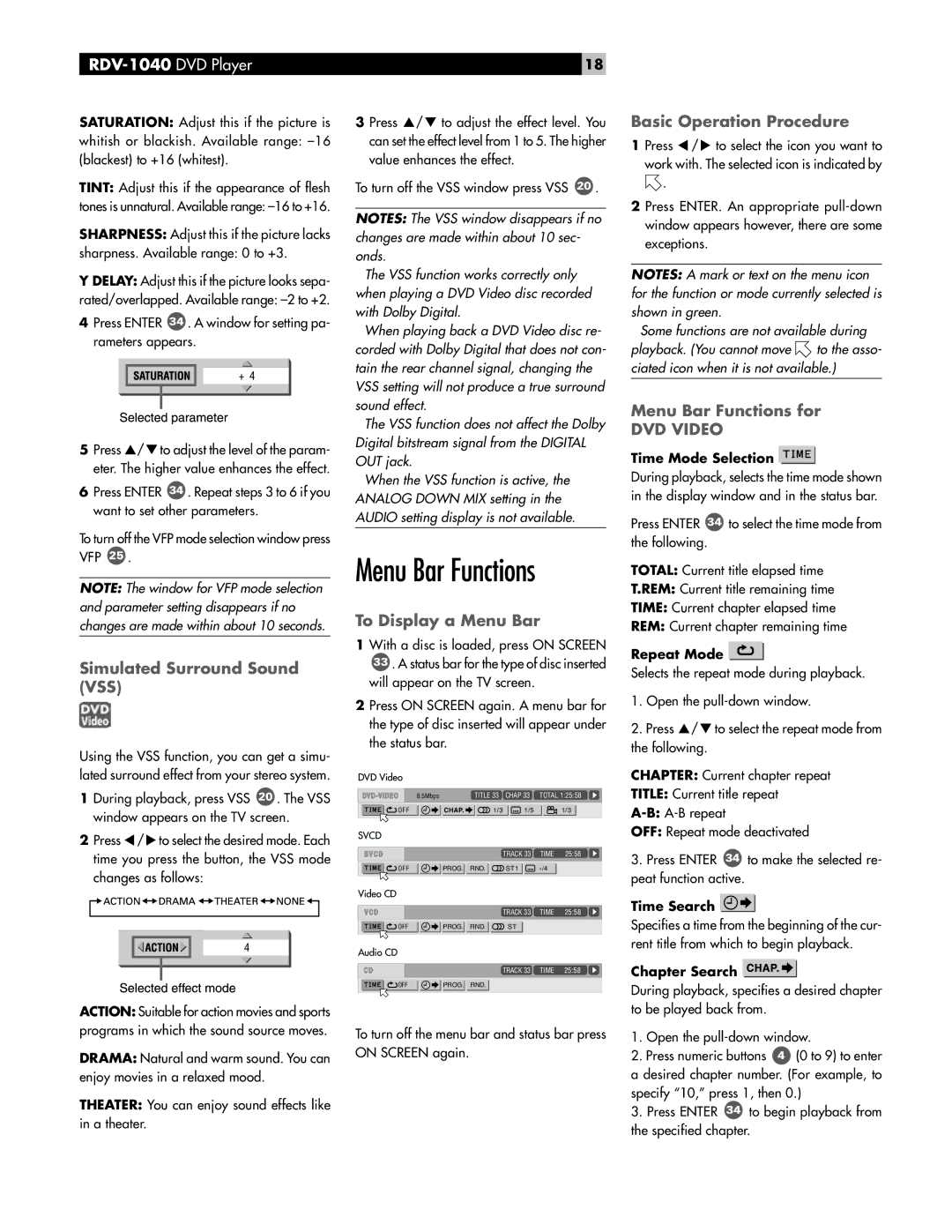 Rotel RDV-1040 Simulated Surround Sound VSS, To Display a Menu Bar, Basic Operation Procedure, Menu Bar Functions for 