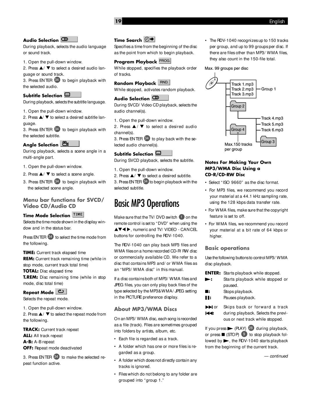 Rotel RDV-1040 owner manual Menu bar functions for SVCD/ Video CD/Audio CD, About MP3/WMA Discs, Basic operations 