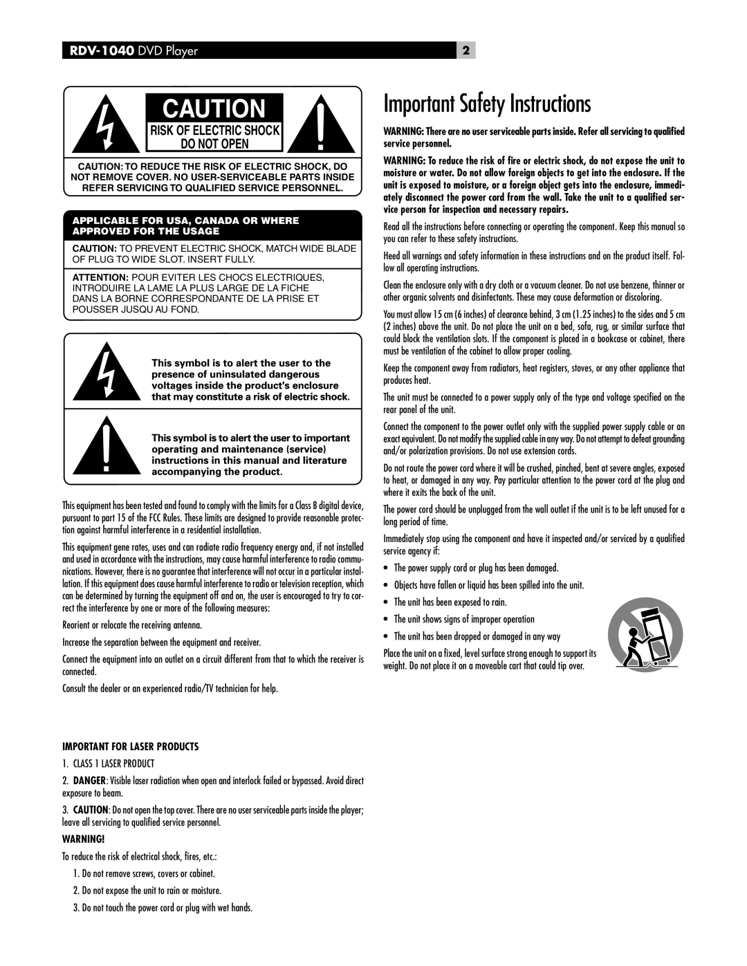 Rotel RDV-1040 owner manual Important Safety Instructions, Important for Laser Products, Class 1 Laser Product 