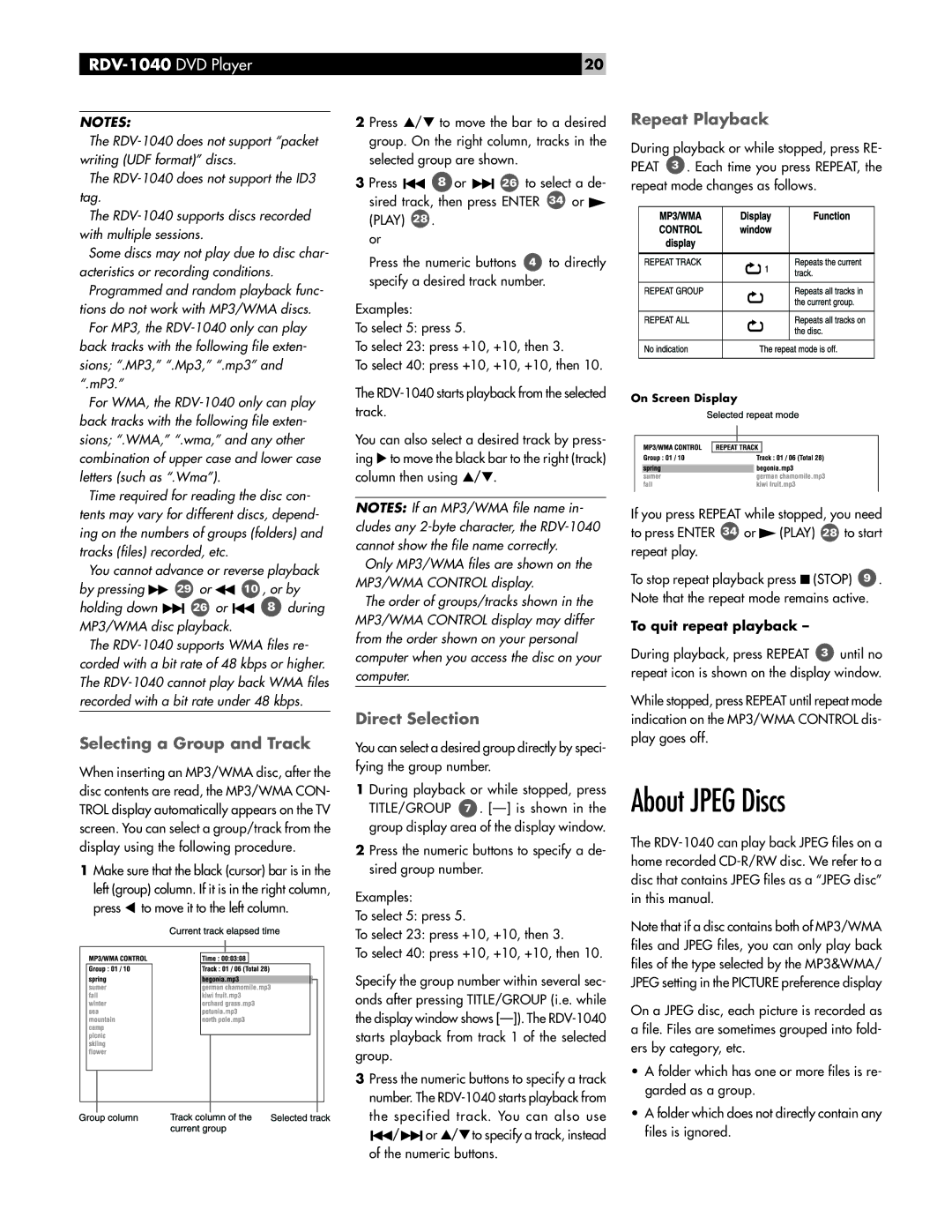 Rotel RDV-1040 About Jpeg Discs, Selecting a Group and Track, Direct Selection, Repeat Playback, To quit repeat playback 