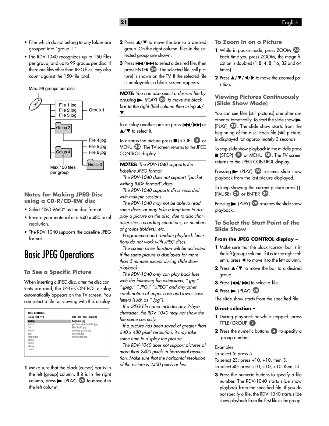 Rotel RDV-1040 To See a Specific Picture, To Zoom In on a Picture, Viewing Pictures Continuously Slide Show Mode 