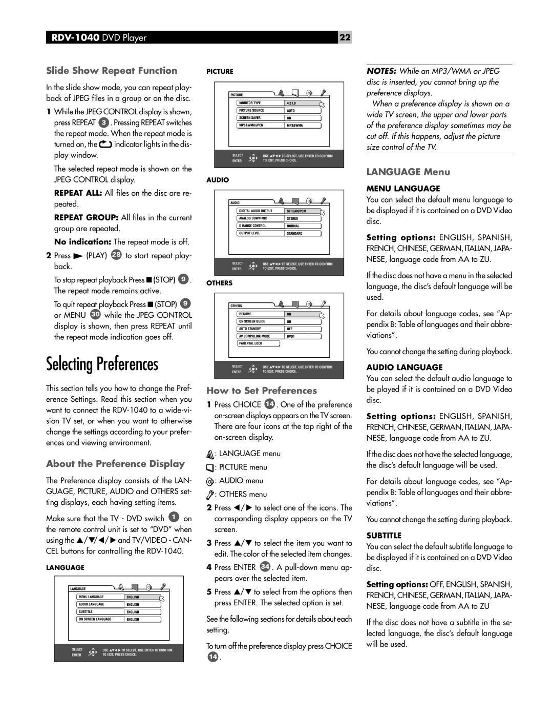 Rotel RDV-1040 owner manual Slide Show Repeat Function, About the Preference Display, How to Set Preferences, Language Menu 