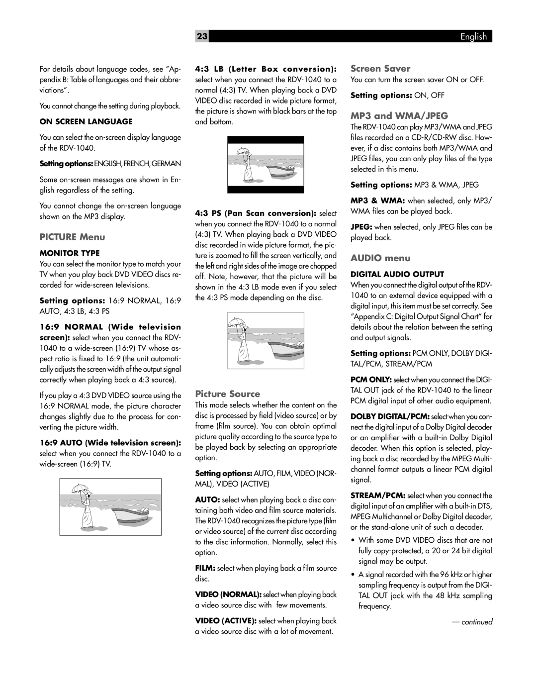 Rotel RDV-1040 owner manual Picture Menu, Picture Source, Screen Saver, MP3 and WMA/JPEG, Audio menu 