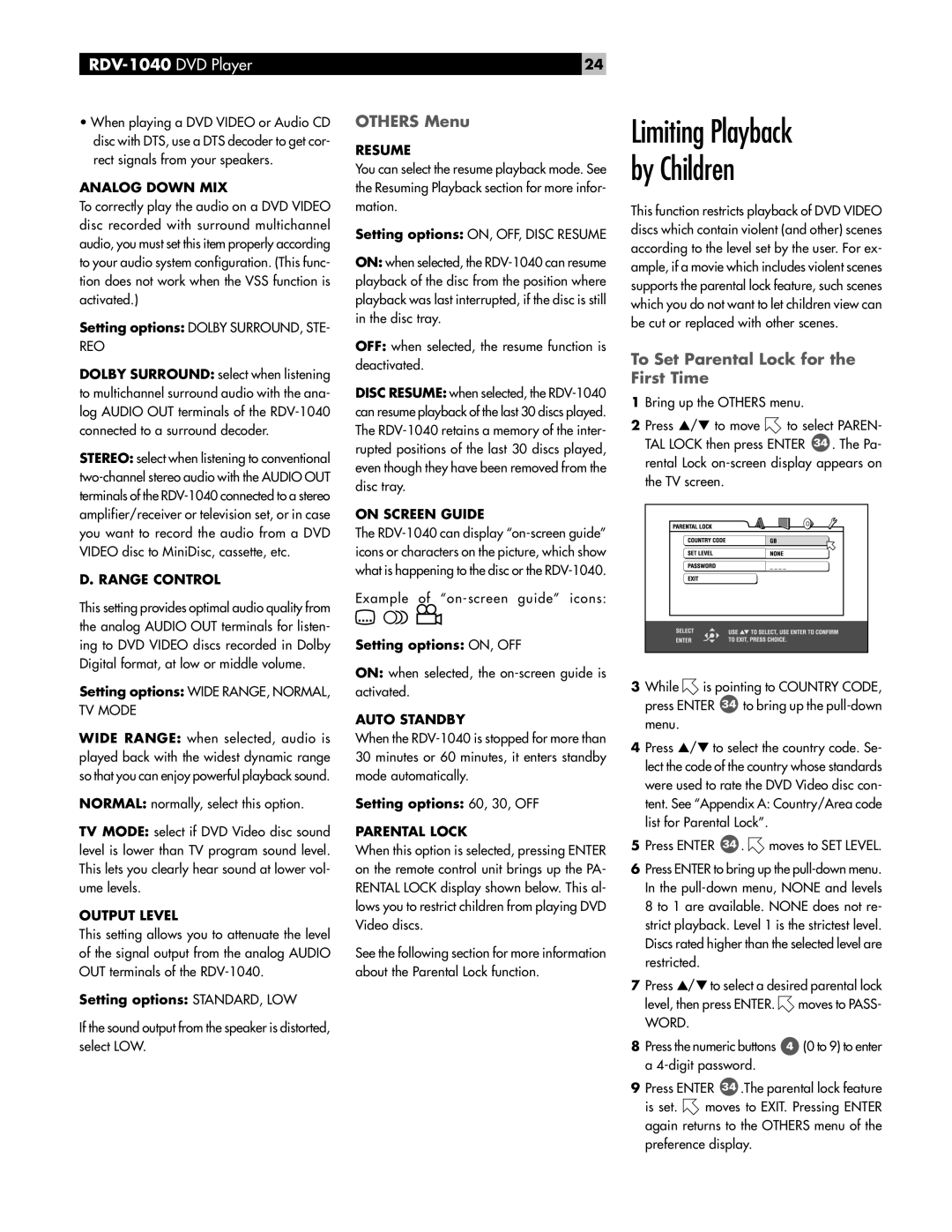 Rotel RDV-1040 owner manual Others Menu, To Set Parental Lock for the First Time 