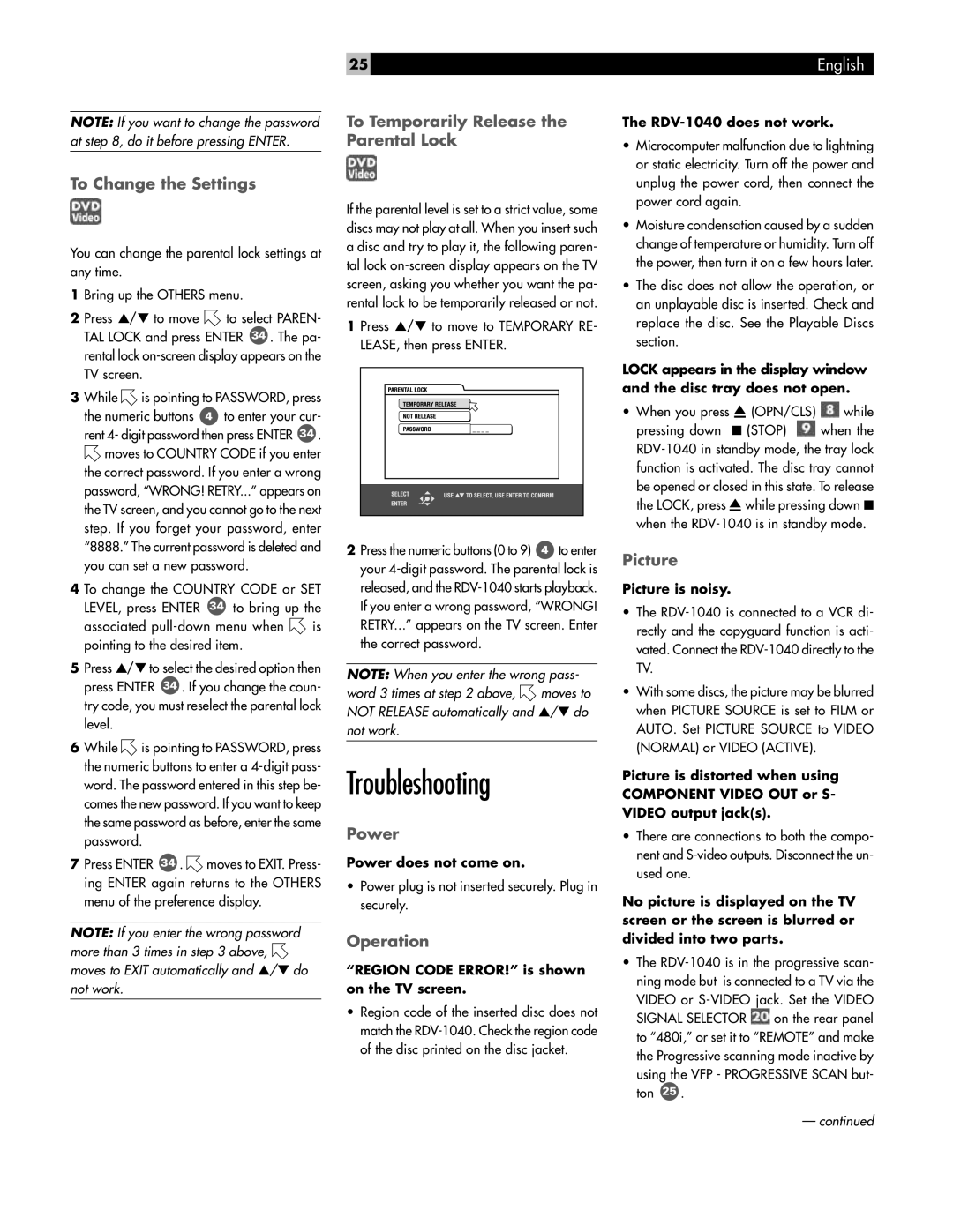 Rotel RDV-1040 owner manual Troubleshooting 