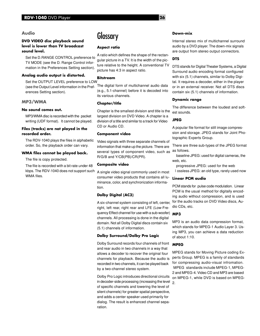 Rotel RDV-1040 owner manual Glossary, Audio 