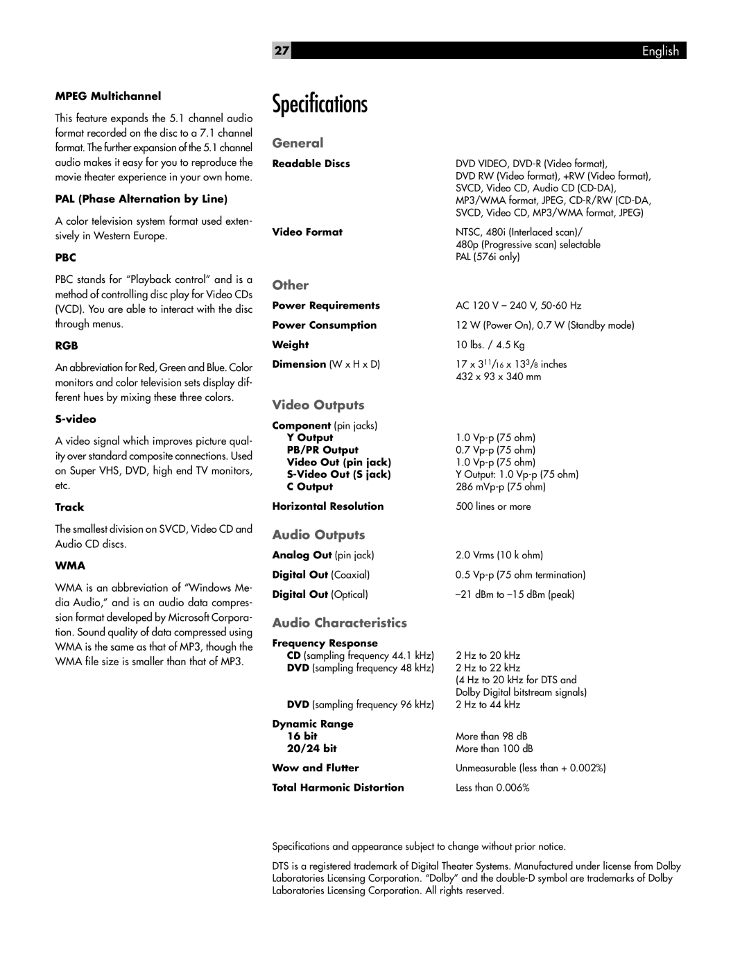 Rotel RDV-1040 owner manual Specifications 