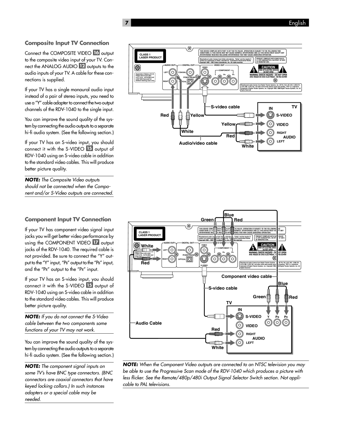 Rotel Composite Input TV Connection, Component Input TV Connection, Channels of the RDV-1040 to the single input 