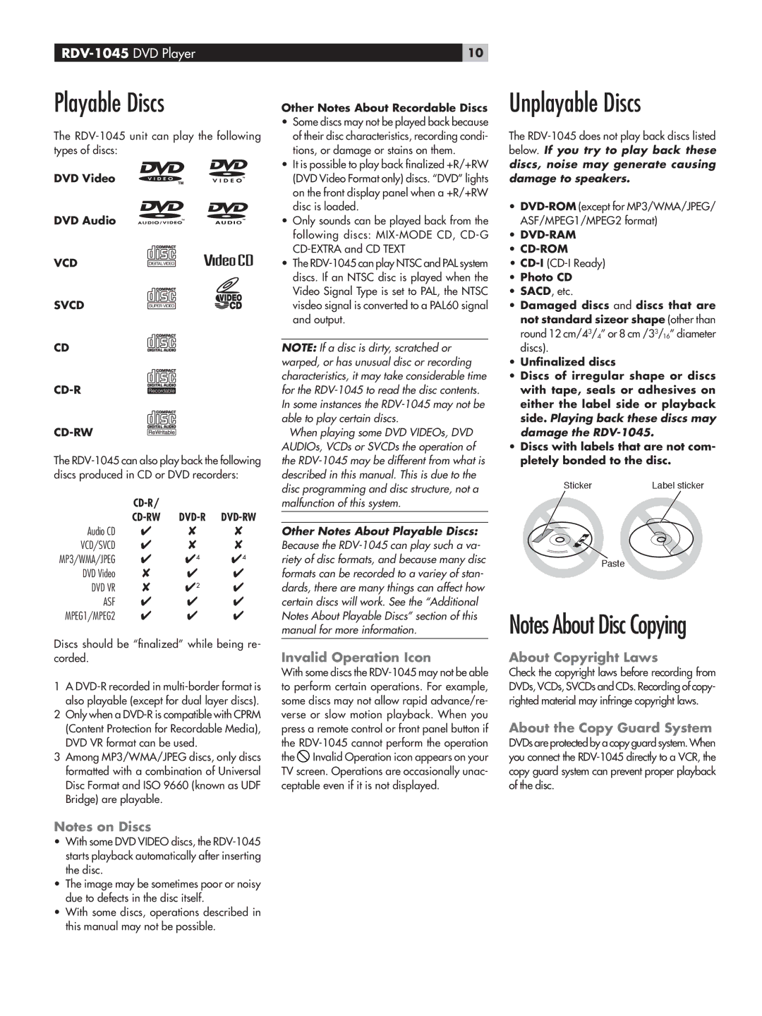 Rotel RDV-1045 Playable Discs, Unplayable Discs, Invalid Operation Icon, About Copyright Laws, About the Copy Guard System 