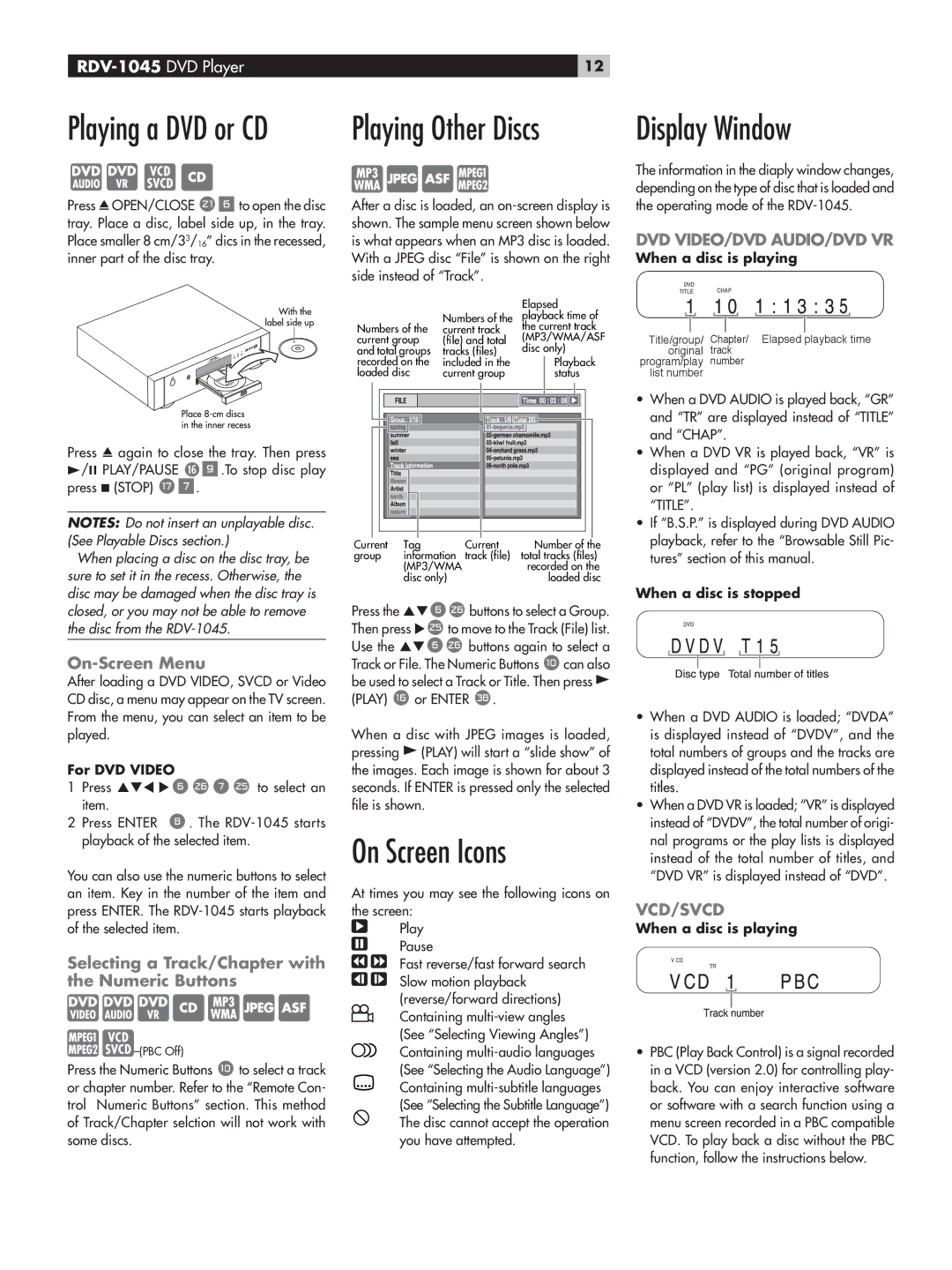 Rotel RDV-1045 Display Window, On Screen Icons, On-Screen Menu, Selecting a Track/Chapter with the Numeric Buttons 